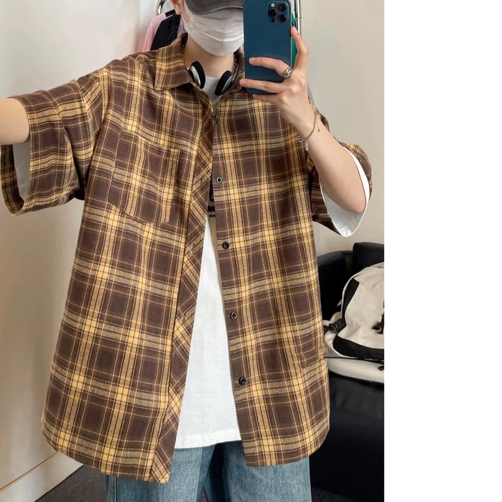 Japanese Plaid Shirt Men's Short-sleeved Spring and Autumn All-match Youth Casual Loose Tooling Shirt Jacket