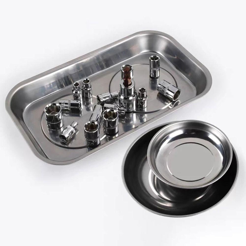1Pcs Round Square Magnetic Parts Tray Silver Magnet Tool Organizer Stainless Steel Multifunctional Parts Bowl