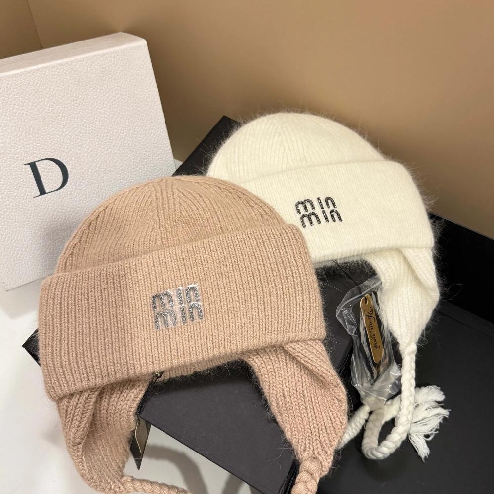 Winter Hot Diamond Rabbit Wool Knitted Warm Ear Protection Hat Outdoor Light Luxury Wool Hat Fashionable Letter Cold Hat