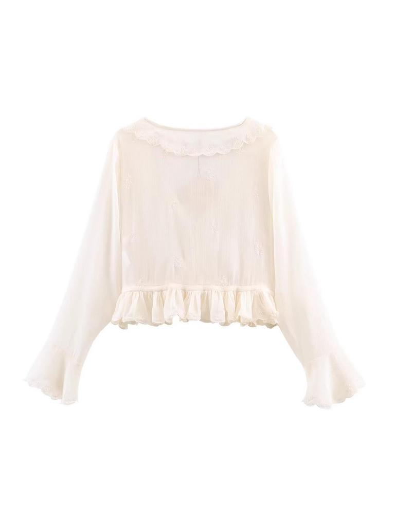 European & American Style Women's Chiffon Shirt with French Lace-up Waist, Embroidered Ruffles, and Long Sleeves