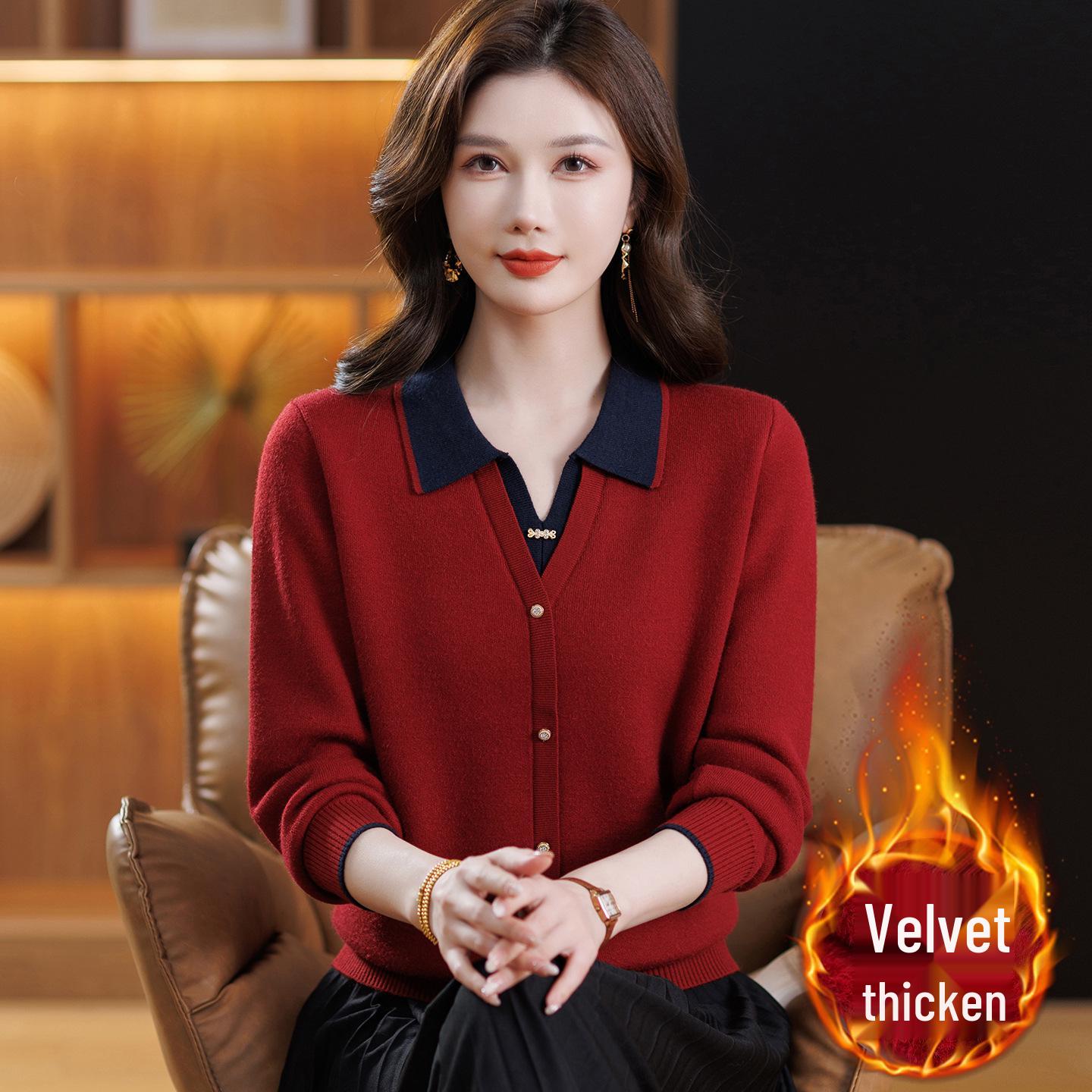 

New Women s Faux Two-Piece Knit Lapel Top: Autumn/Winter Loose Plus Velvet Layer for Middle-Aged and Elderly. 3XL [Suggested 125-135 jin]