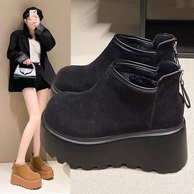 Retro mocka snökängor med tjock sula för kvinnor vintern 2025, nya små höjdökande sammetsvarma bröd bomullsskor