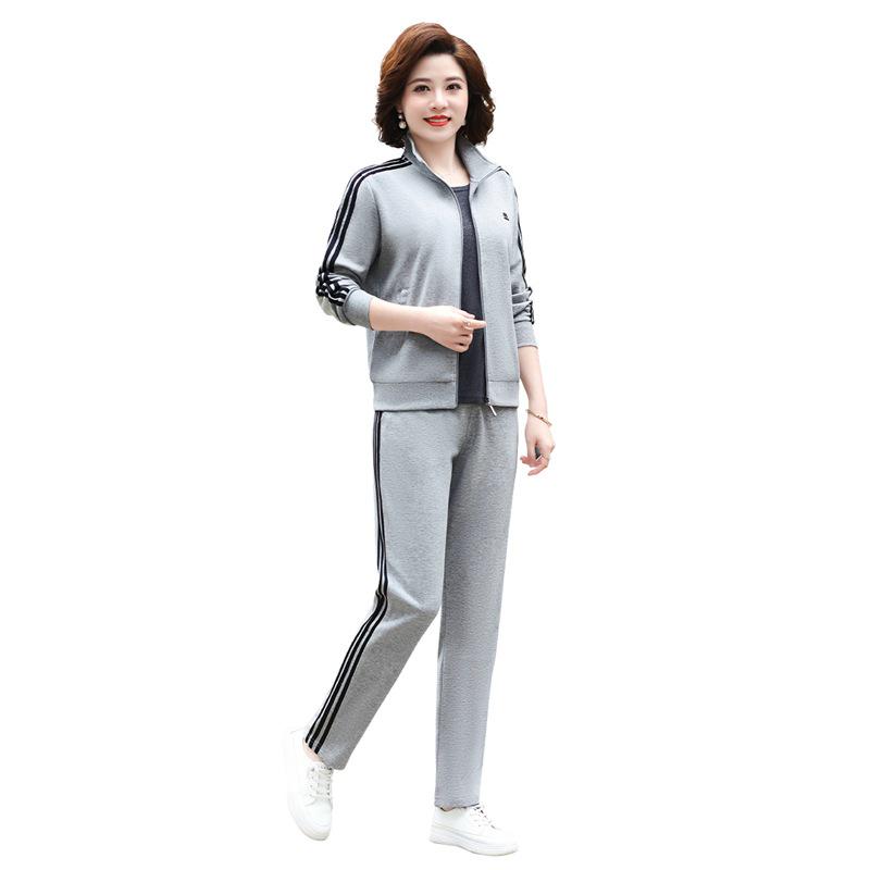 Women's Spring/Fall Casual Sportswear Set: Loose Fit Long-Sleeve Jacket & Sweatshirt, Plus Size, 2-Piece for Middle-Aged & Elderly