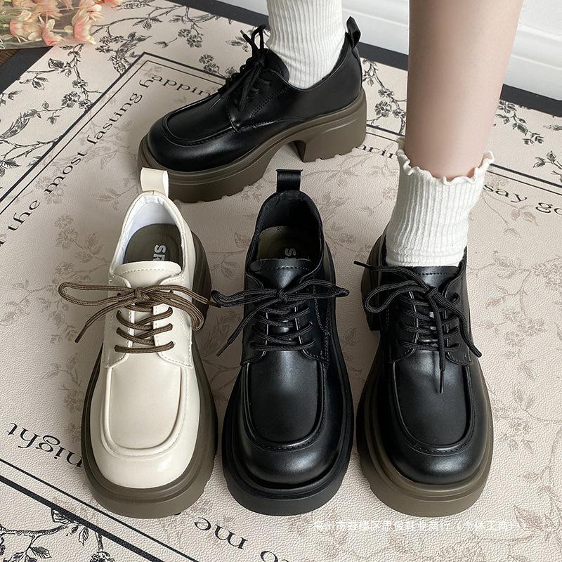 Women's 2024 Black British-Style Lace-Up Leather Shoes: Round Toe, Thick Sole, Patent Mid-Heel for Autumn.