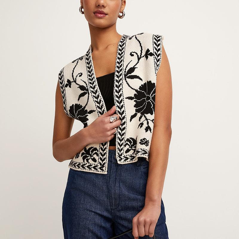 Gilet à imprimé floral pour femme sans manches ouvert sur le devant style bohème gilet tendance pour sortir haut brodé