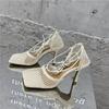 2025 Summer Sexy Mesh Pumps Sandals Female Square Toe High Heel Lace Up Cross-Tied Stiletto Hollow Dress Party Shoes 43