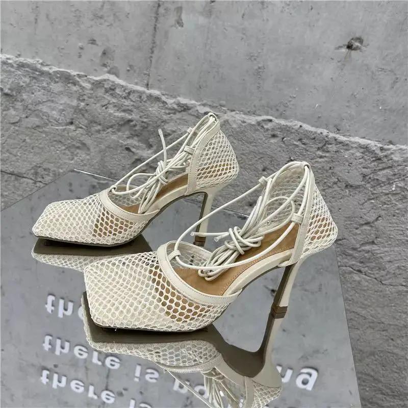2025 Summer Sexy Mesh Pumps Sandals Female Square Toe High Heel Lace Up Cross-Tied Stiletto Hollow Dress Party Shoes 43