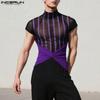 INCERUN Men High Neck Striped Mesh Sheer Stitching Irregular Party Club T-shirts Tops