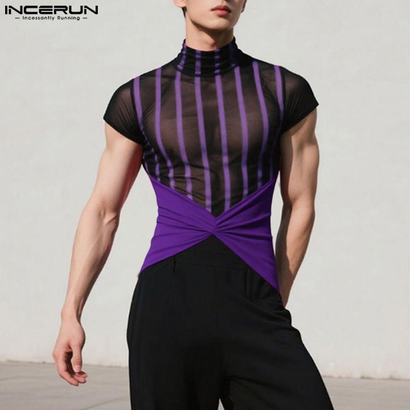 INCERUN Men High Neck Striped Mesh Sheer Stitching Irregular Party Club T-shirts Tops