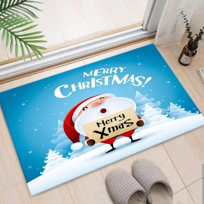 Christmas Themed Door Mat with Santa Claus Elk Snowman Pattern Non Slip Absorbent Indoor Outdoor Welcome Mat for Home Decor