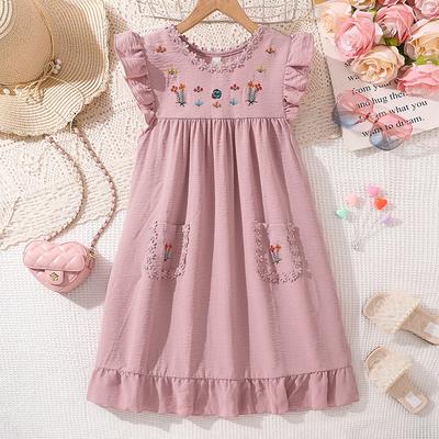 Vestito Estivo da Bambina con Ricami Floreali Dolci Pizzo Piccolo Taglia Media Maniche Svasate da Bambina Vestito da Principessa
