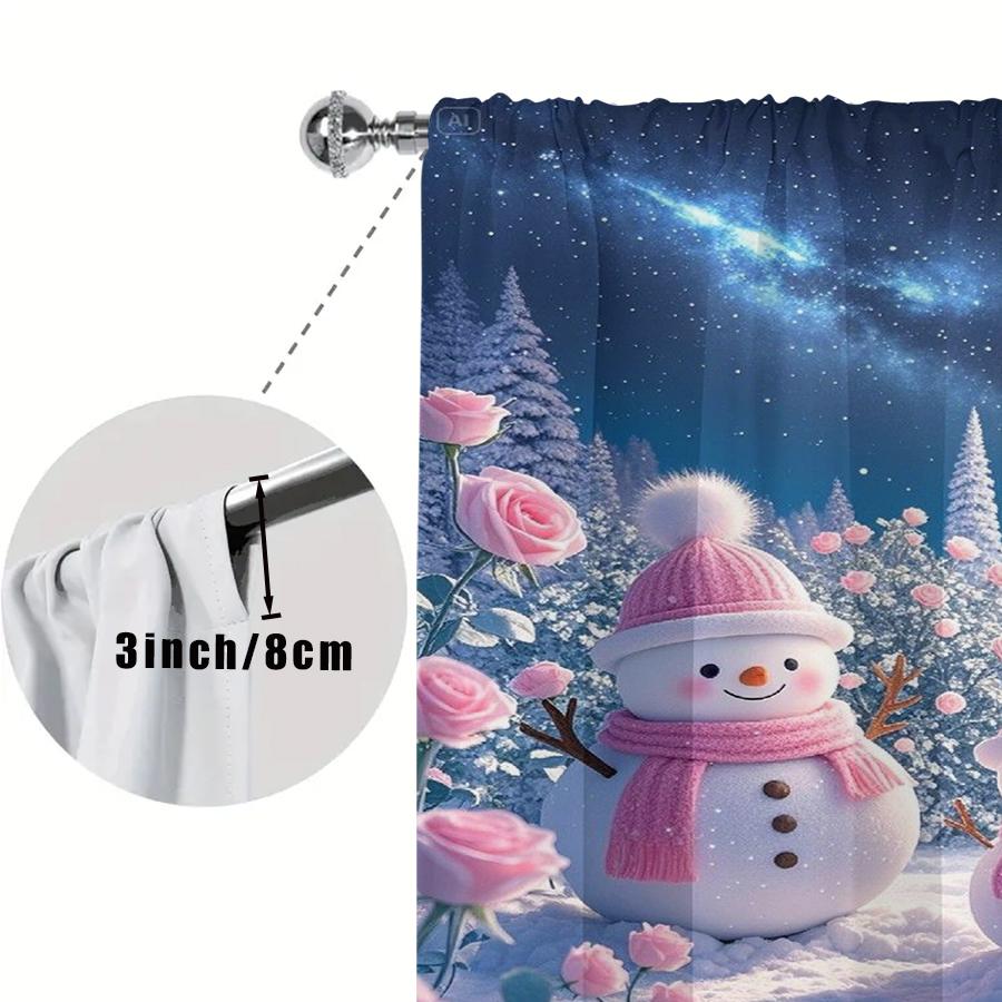 2PCS Pink Rose Snowman Curtains, Dreamy Winter Night Rose Garden Scene, Romantic Christmas Window Drapes for Bedroom Living Room