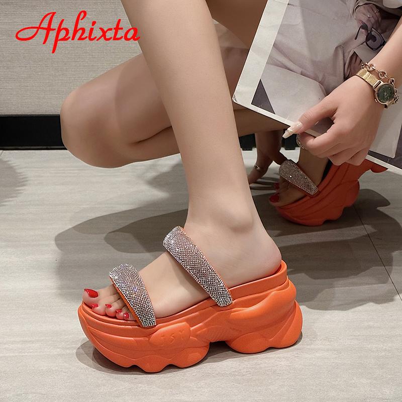Fashion Aphixta 2025 New Luxury Crystals Summer Thick Sole Slides Simple Platform Women Shoes Green Flip Flops Wedge Heel Beach Slippers