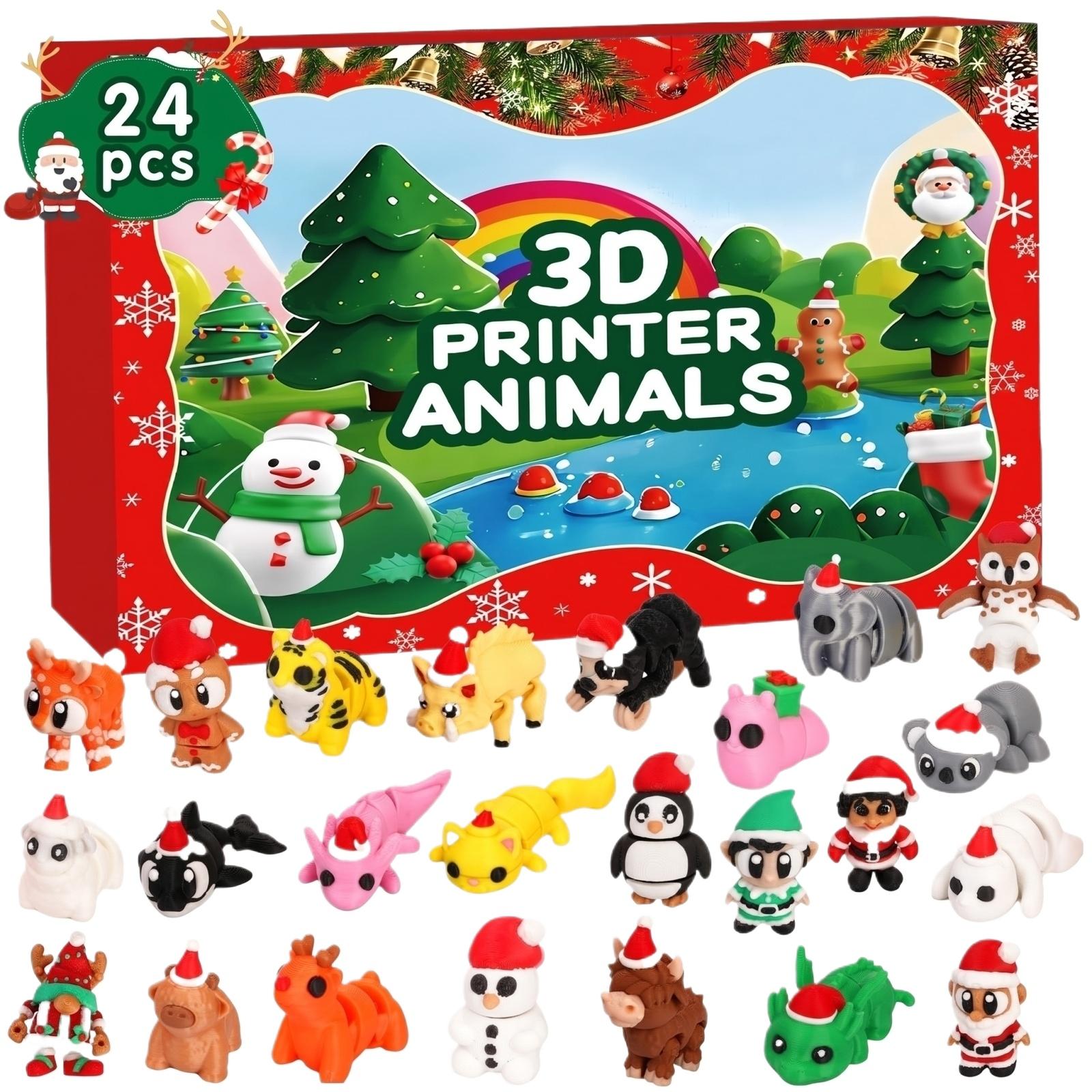 

24pcs 3D Printer Animal Figures Christmas Countdown Calendar Set with Blind Box Surprise for Holiday Decoration and Collectible Toys One Size