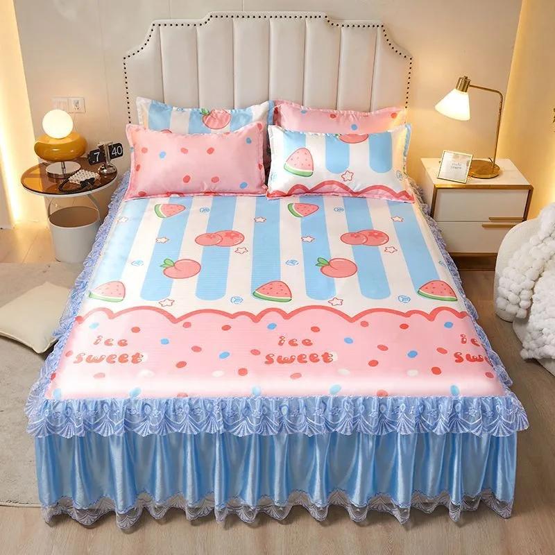 3pcs/set 2024 Summer Lace Bed Skirt Ice Silk Mat Printed Korean Lace Cool Mat Set Retro Single AndDouble Air Conditioned Bed Mat