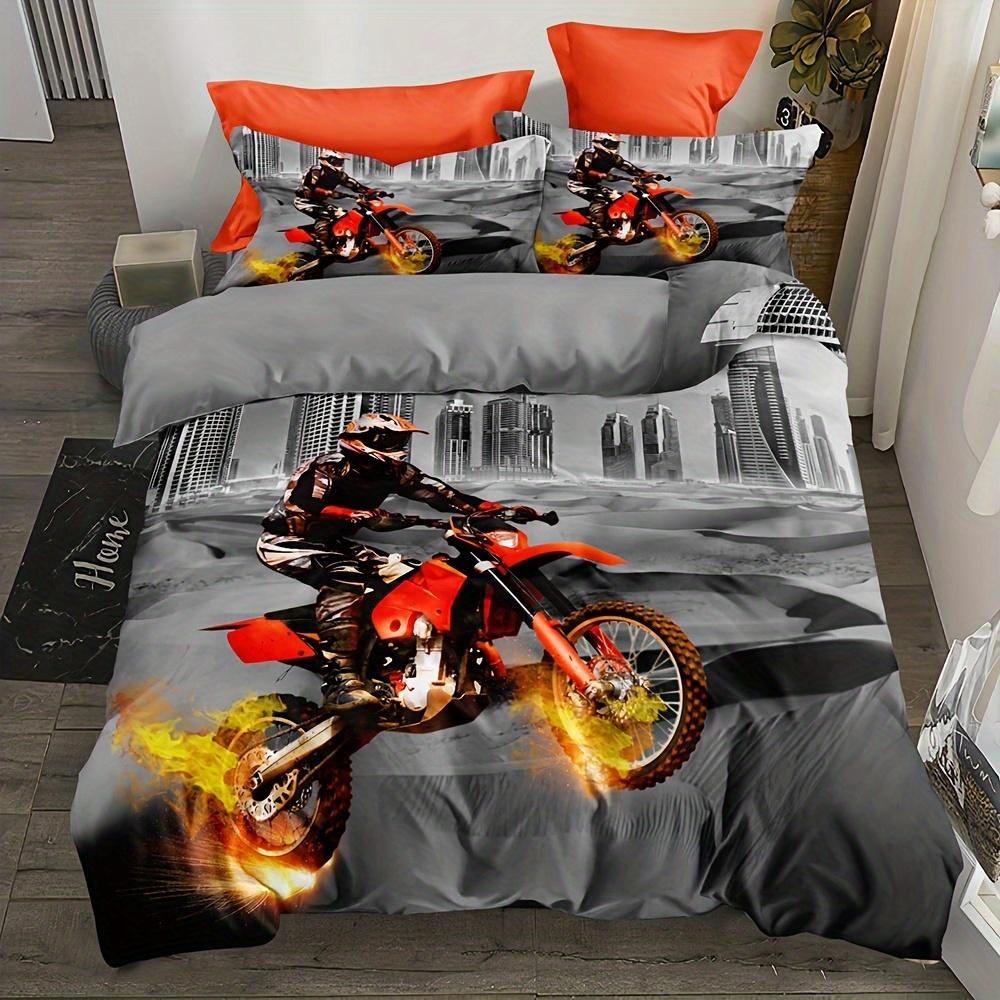 Desert Motorcycle Racing Duvet Cover Set - Breathable Soft Polyester Bedding with Zip Closure for All Seasons