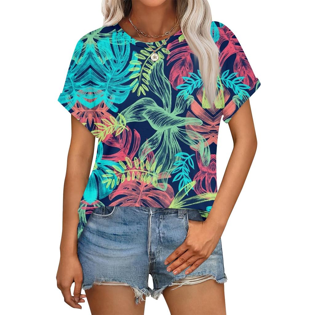 Women's Casual Fashion Round Neck Rolled Hem Short Sleeve Floral Top