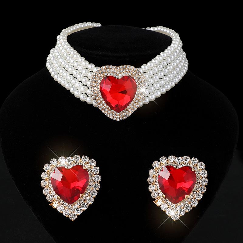 Exaggerated Multi-layer Imitation Pearl Peach Heart Crystal Necklace Earrings Set Bridal Love Rhinestone Neck Chain Women