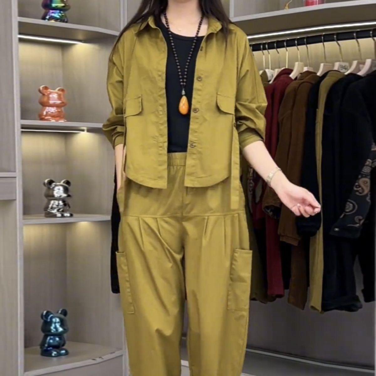 

New 2026 Summer Plus Size Retro Casual Two-Piece Set with Slimming Harem Pants XL 75-87 kg жовтий/імбирний