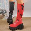 Fashion 11CM Women Punk Style Autumn Chunky Platform High Boot Party Shoes Ladies Black Red Mixed Thick Heels Elastic Knee High Boots