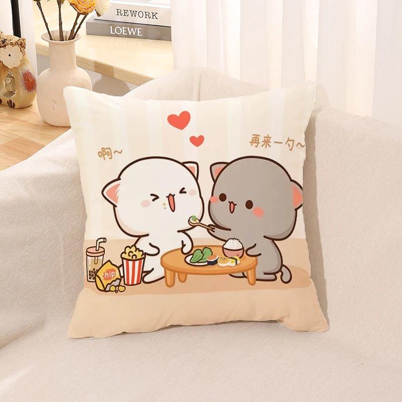 Pillow Cover Square Cushion for Bed Car Office Peach Mochi Cat Decorative Anime Room