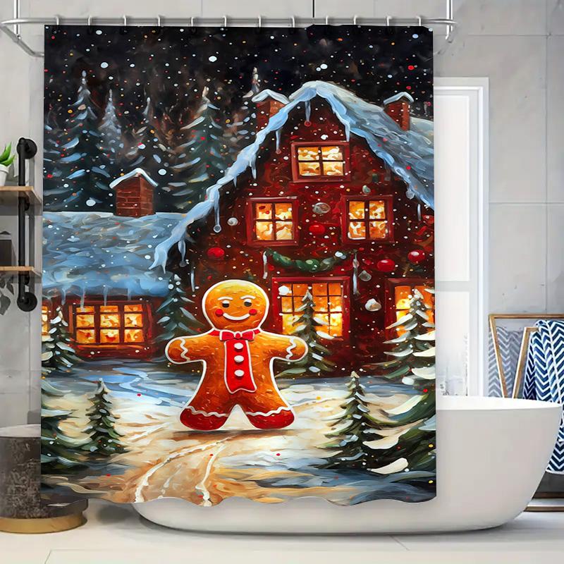 Tuniu Charming Gingerbread House Shower Curtain Festive Holiday Decor Cozy Winter Forest Bathroom Set Cute Christmas Village Bac