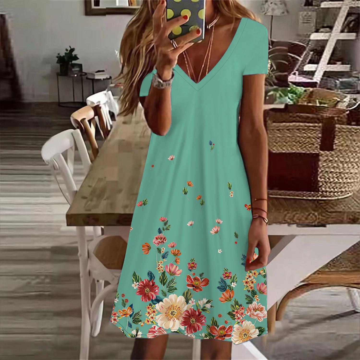 

Летняя мода женские V-образный вырез короткий рукав цветочный принт платье сексуальные короткие юбки платья 8XL дубильная кора