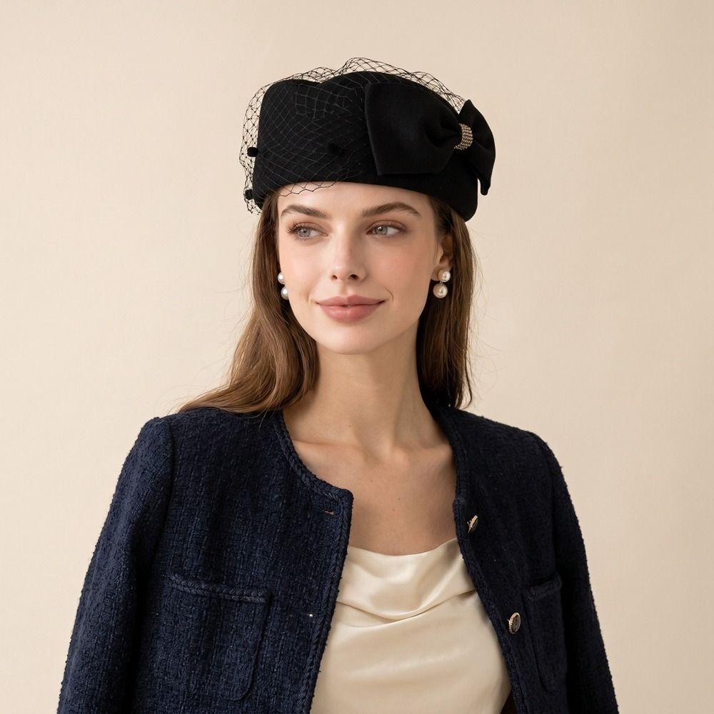 Elegante Fedora-Hut mit Schleife Französischer Stil Woll-Barett Uniform Flugbegleiterinnenhut Formeller Hut Damen