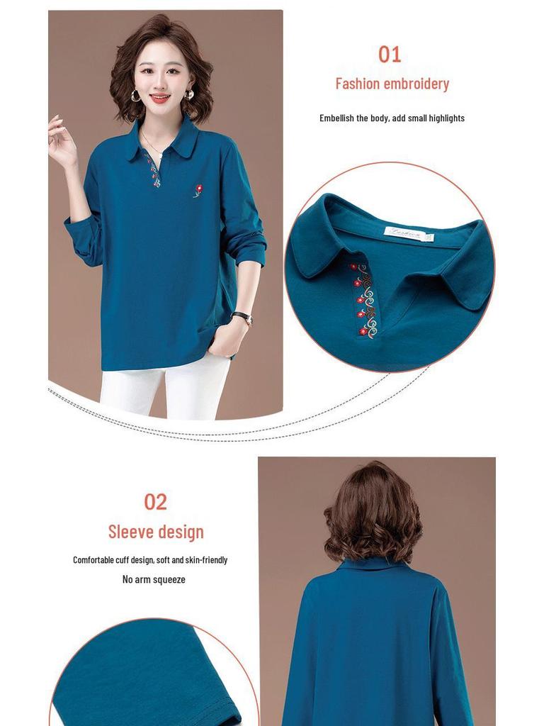 Dámské bavlněné tričko s dlouhým rukávem a polo límečkem ve větších velikostech - Podzimní ležérní volný střih pro ženy středního a staršího věku