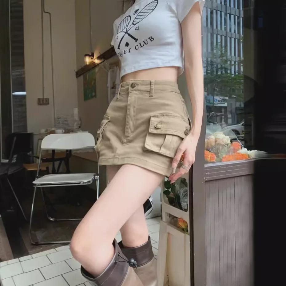 Women's High-Waisted Khaki A-Line Denim Skirt - Summer Retro Style, Anti-Exposure Design