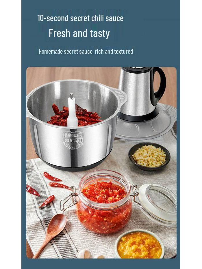 Stainless Steel Electric Meat Grinder & Multi-function Food Processor with Dough Kneading, Garlic Paste, and Vegetable Shredder