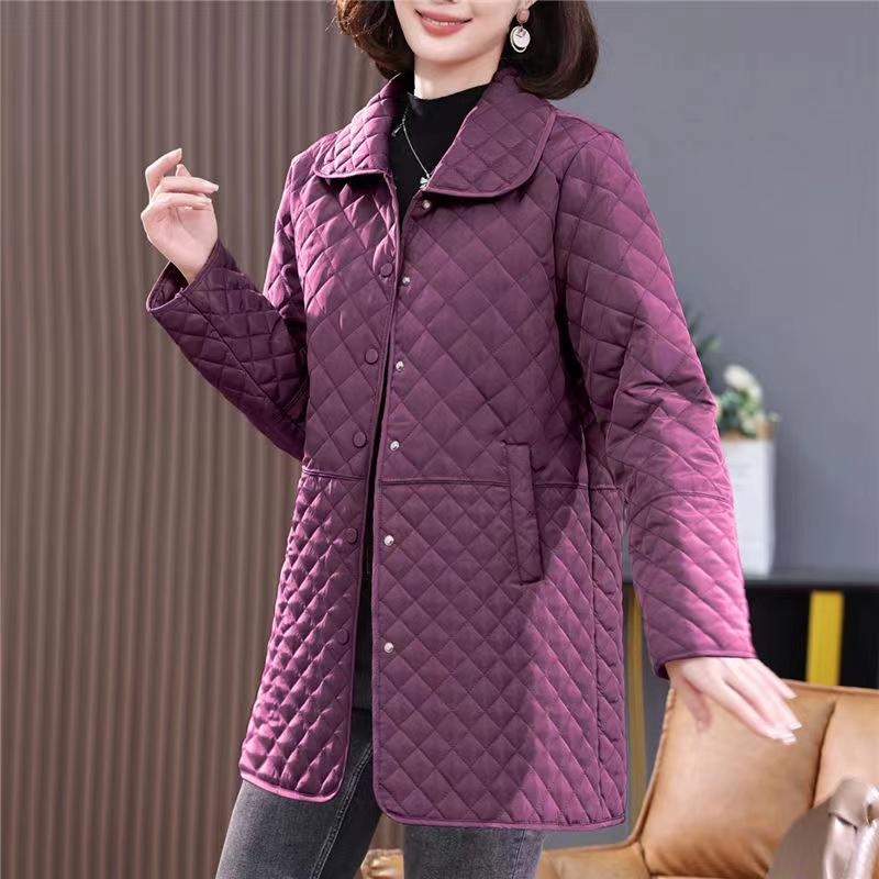 Women's Winter Diamond Check Long Warm Jacket Thickened Warm Jacket Stand-up Collar Long Jacket