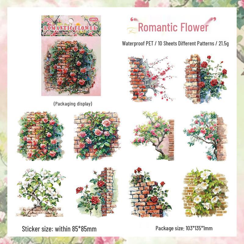 

ZABC PET Sticker Pack: Secret Garden Series - 10 Sheets of Irregular Shaped Plant and Flower Themed Decorative Stickers