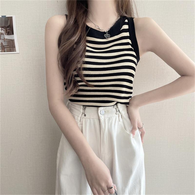 Letní korejské pruhované pletené tílko dámské kulatý výstřih bez rukávů slim tílko