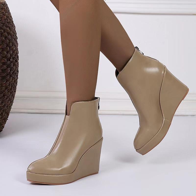 Modă Femei Cizme Moderne Toc Pană Platformă Casual Fermoar Slip-on Cizme Scurte Vârf Ascuțit Piele Botines Botas Para Mujer