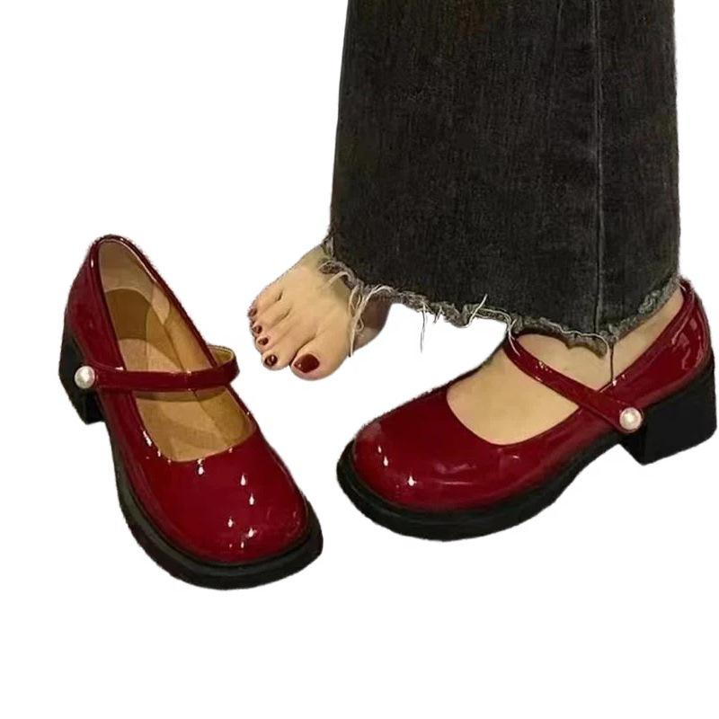 Francouzské retro Mary Jane boty podzimní nové ležérní boty jednobarevné boty zvýšené vysoké podpatky kulatá špička silné podpatky malé kožené boty
