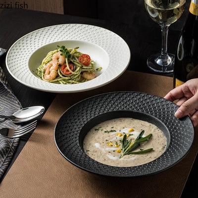 Piatto fondo in ceramica con texture creativa, piatto da zuppa spessa, piatto da insalata, piatto da pasta, stoviglie speciali per alimenti molecolari