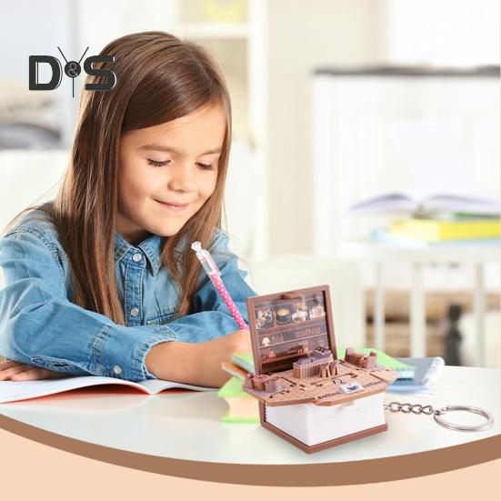 Mini 3D Folding Book Keychain Popping Miniature World Hanging Decoration Tiny Coffee Shop Great Wall Castle Foldable Book Keyring Pendant