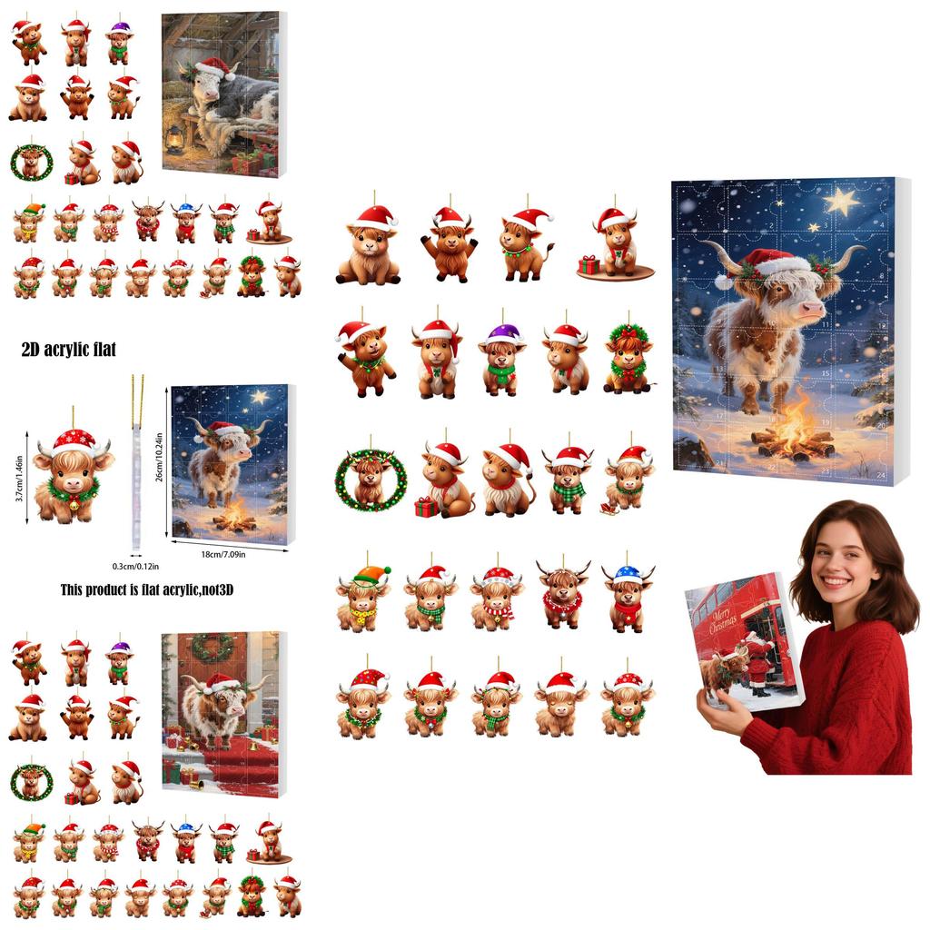 Christmas 24day Advent Calendar With Acrylic Cow Ornament For Holiday Gift Giving