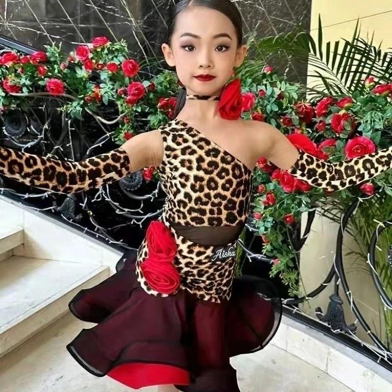 Latin Performance Dancing Dress One Shoulder Leopard Latin Dance Dress Girls Latin Professional Dress Salsa Wear