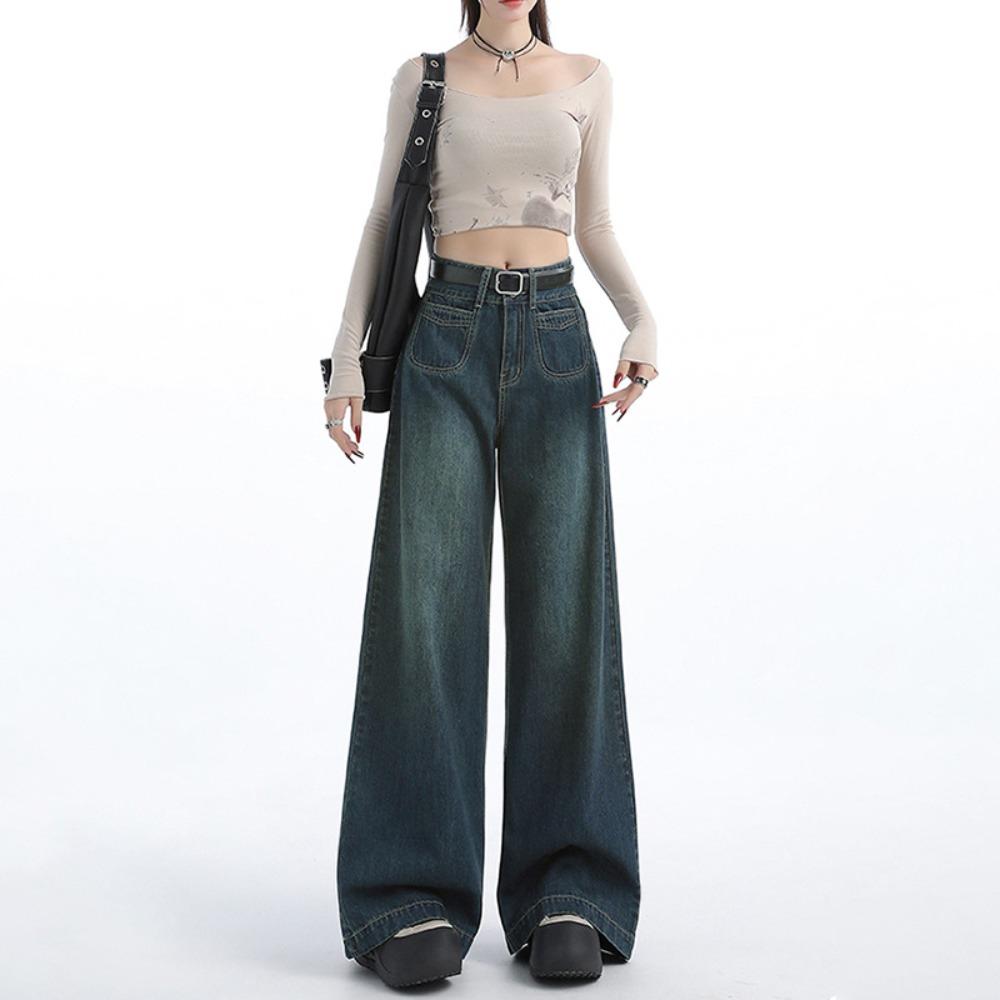 Spring and autumn new design high-waisted wide-leg jeans loose, thin and high drape floor-mopping jeans