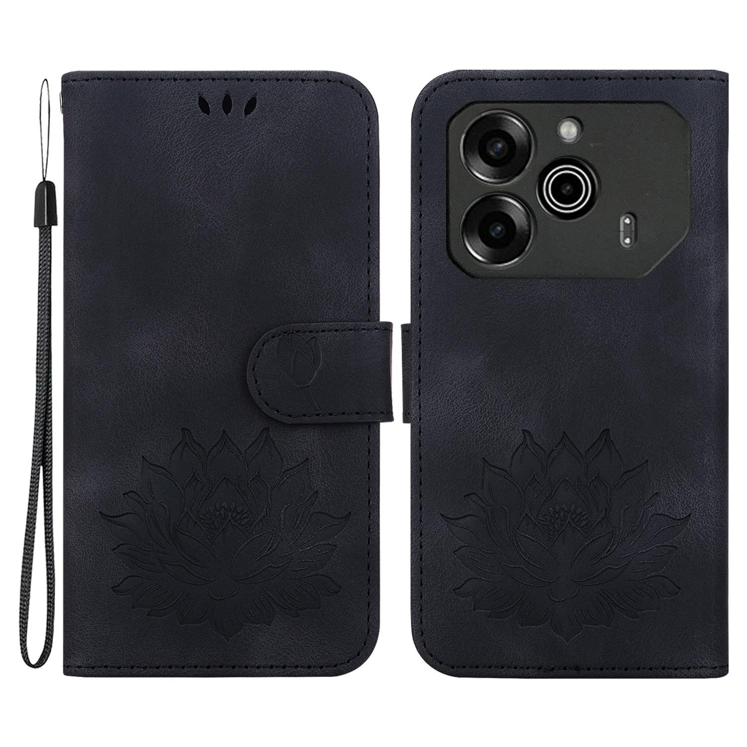 

For TECNO Pova 6 5G/6 Pro 5G Case with Wrist Strap Lotus Imprint Leather Wallet Phone Cover Black