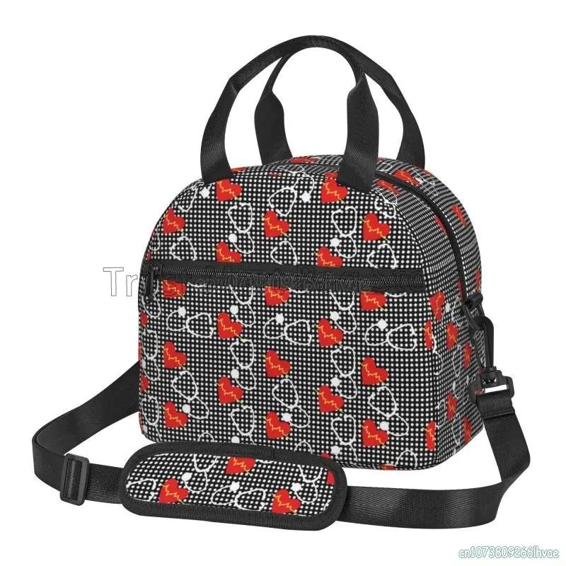 Love Hearts Pattern Insulated Lunch Bag Leakproof Cooler Thermal Bento Tote Bag Red Love Heart Lunch Box for Work Picnic Beach