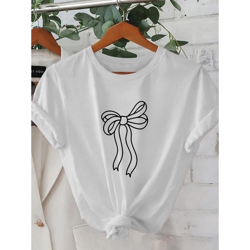 Women's Sweet Bow & 2D Geometric Print Short Sleeve Summer T-Shirt Trendy Street Style Cute Tee