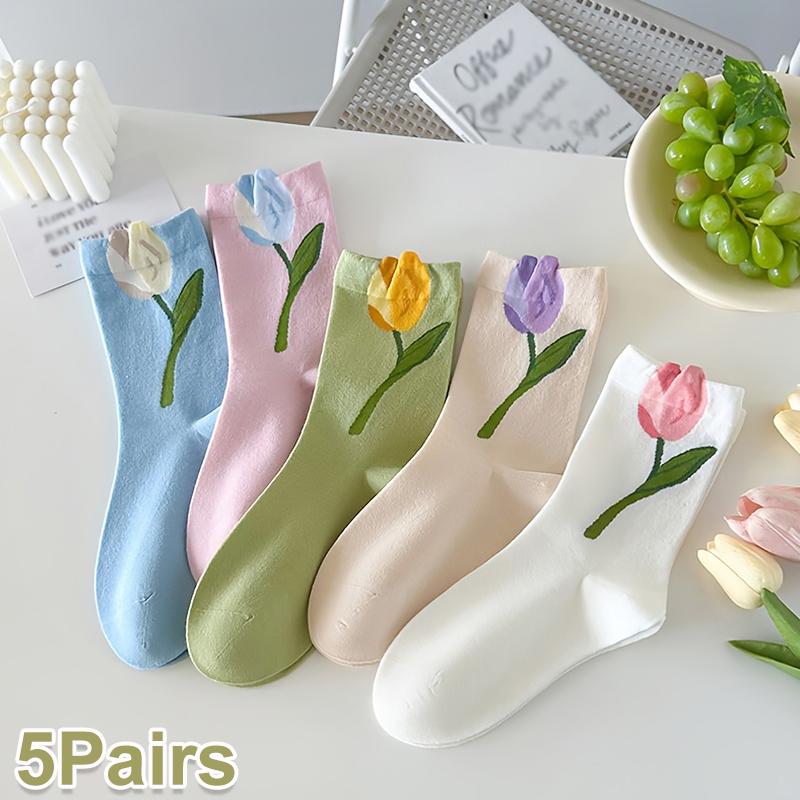 

1/5 пар носков Универсальные носки средней длины Удобный цветочный дизайн Милый 3D-узор Милая форма тюльпана Дышащие Один размер 5 pairs розовый/синий