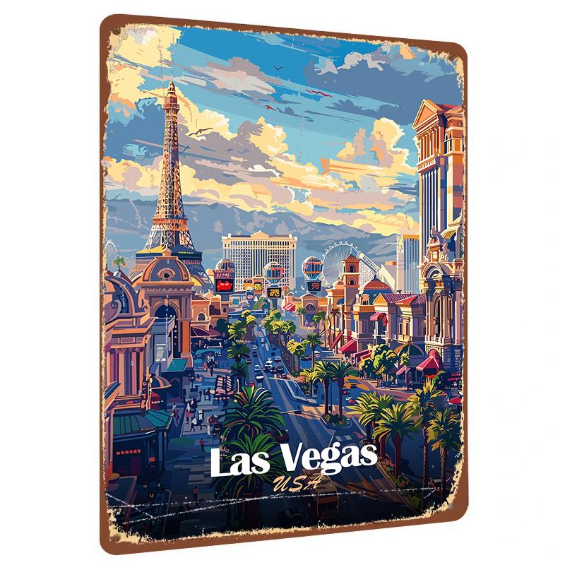 

Las Vegas Skyline Metal Wall Art USA Cityscape Decor Vintage Travel Poster for Home Office 20x30cm（7.8x11.8inch）