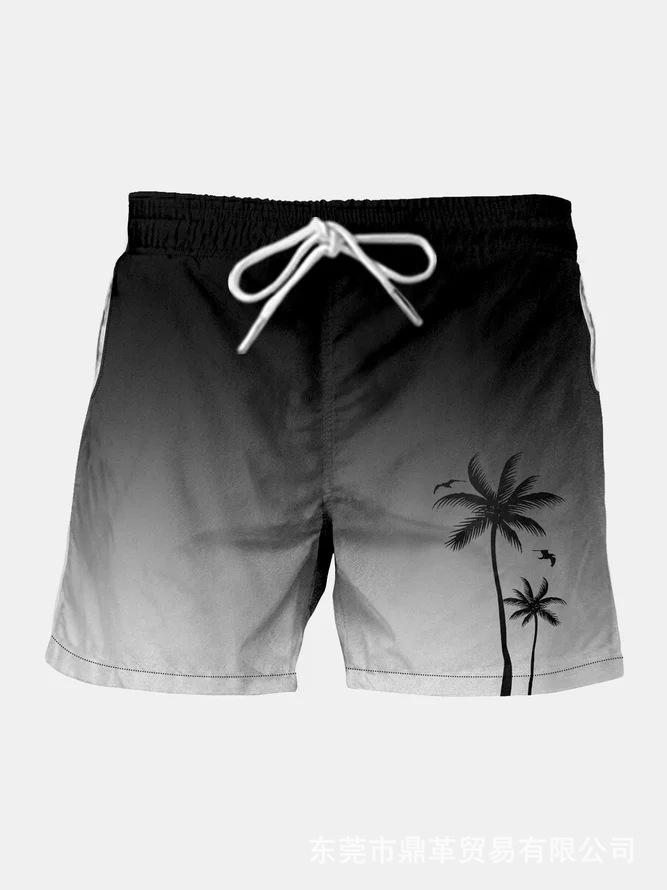 Summer Beach Gradual Change Color Coconut Tree Drawstring Print Seaside Beach Casual Men S Shorts S