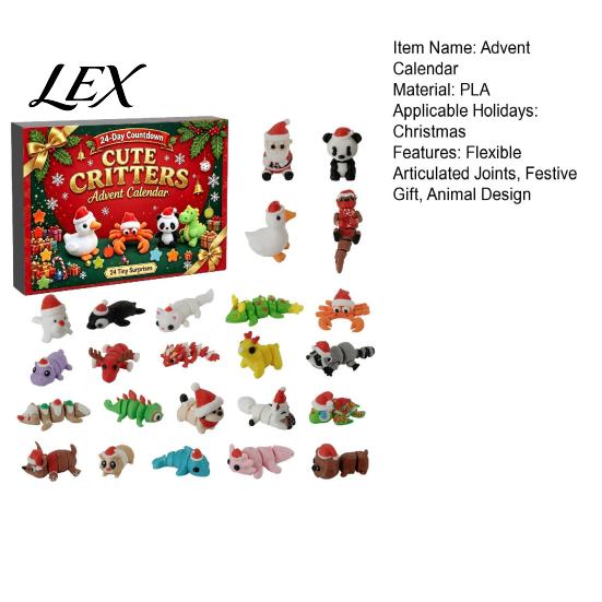 3D Printed Christmas Advent Calendar Calendar, 24-Day Animal Figure Countdown Box Cute Toy Figures with Articulated Joints, Holiday Tree Decor,