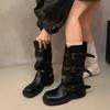 Thick-soled Medium Tube Pants Tube Boots Women's Early Season New Pleated Belt Buckle Dark Boots Knight Boots