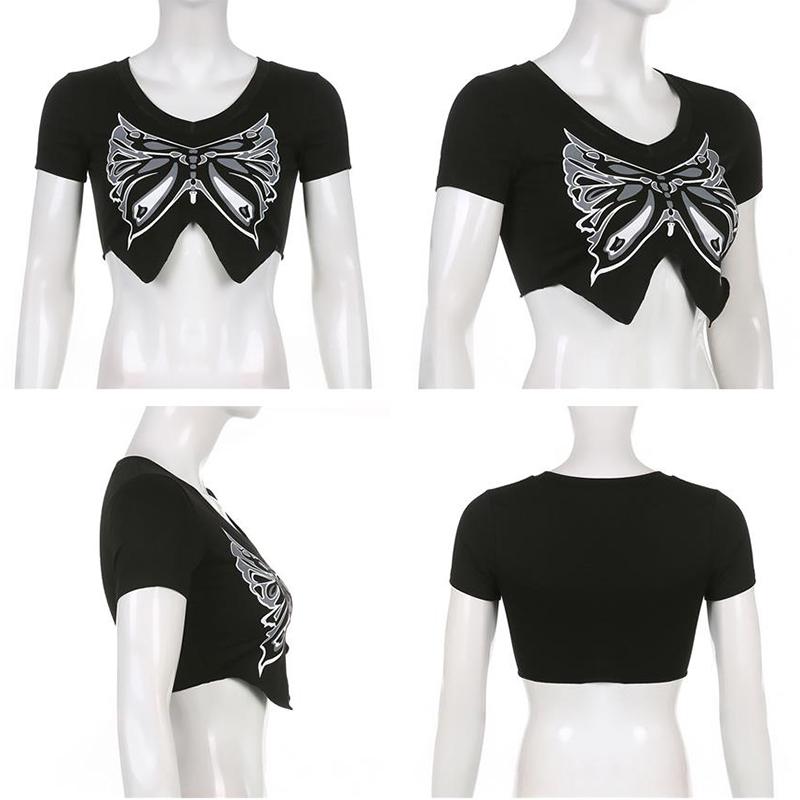 American Retro Butterfly Print Irregular Split T-Shirt Summer Slim Fit Versatile Short Sleeve Short Top Streetwear